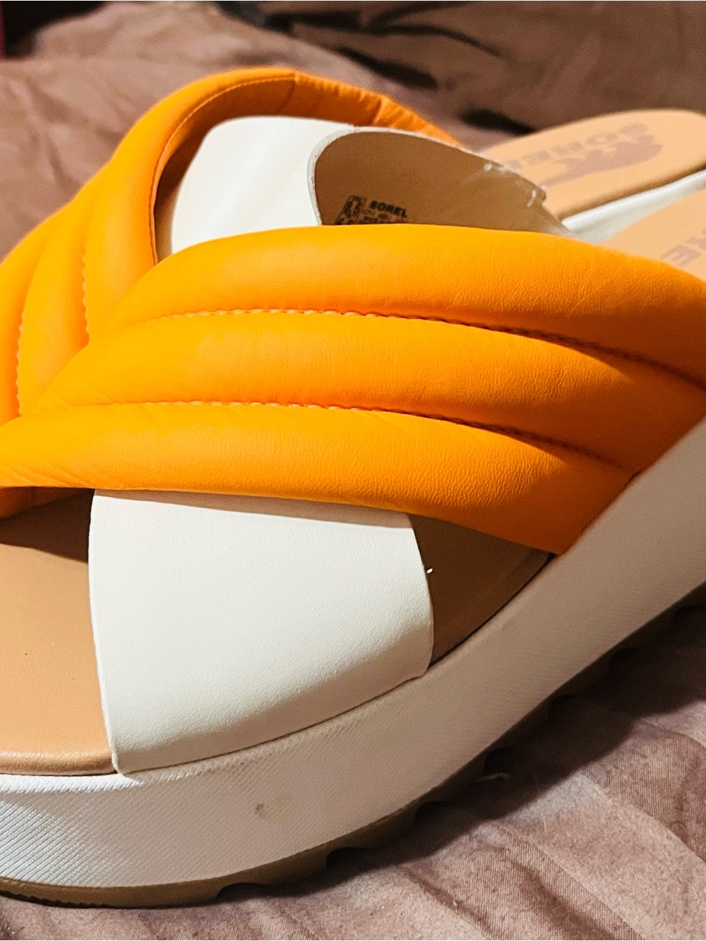Sorel Orange Quilted Strap White Platform Slide